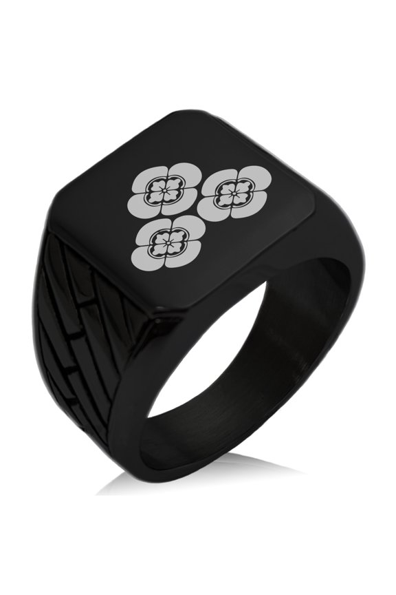 Stainless Steel Asakura Samurai Crest Geometric Pattern Biker Style Polished Ring