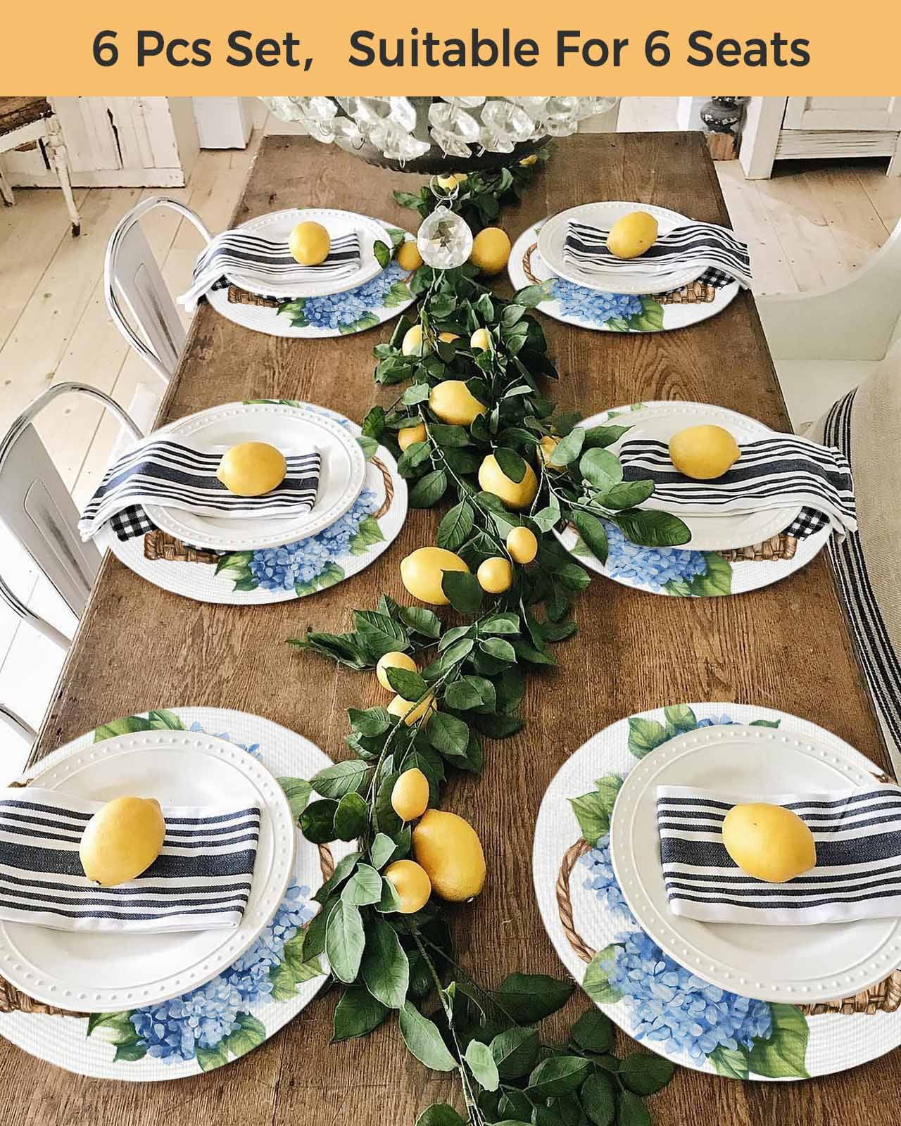 13 Inch Round Placemats Set of 4, Blue Hydrangea Flower Non Slip Heat Insulation PP Table Mats, Spring Summer Black White Bow Floral Washable Place Mats for Kitchen Dining Party Table Decor