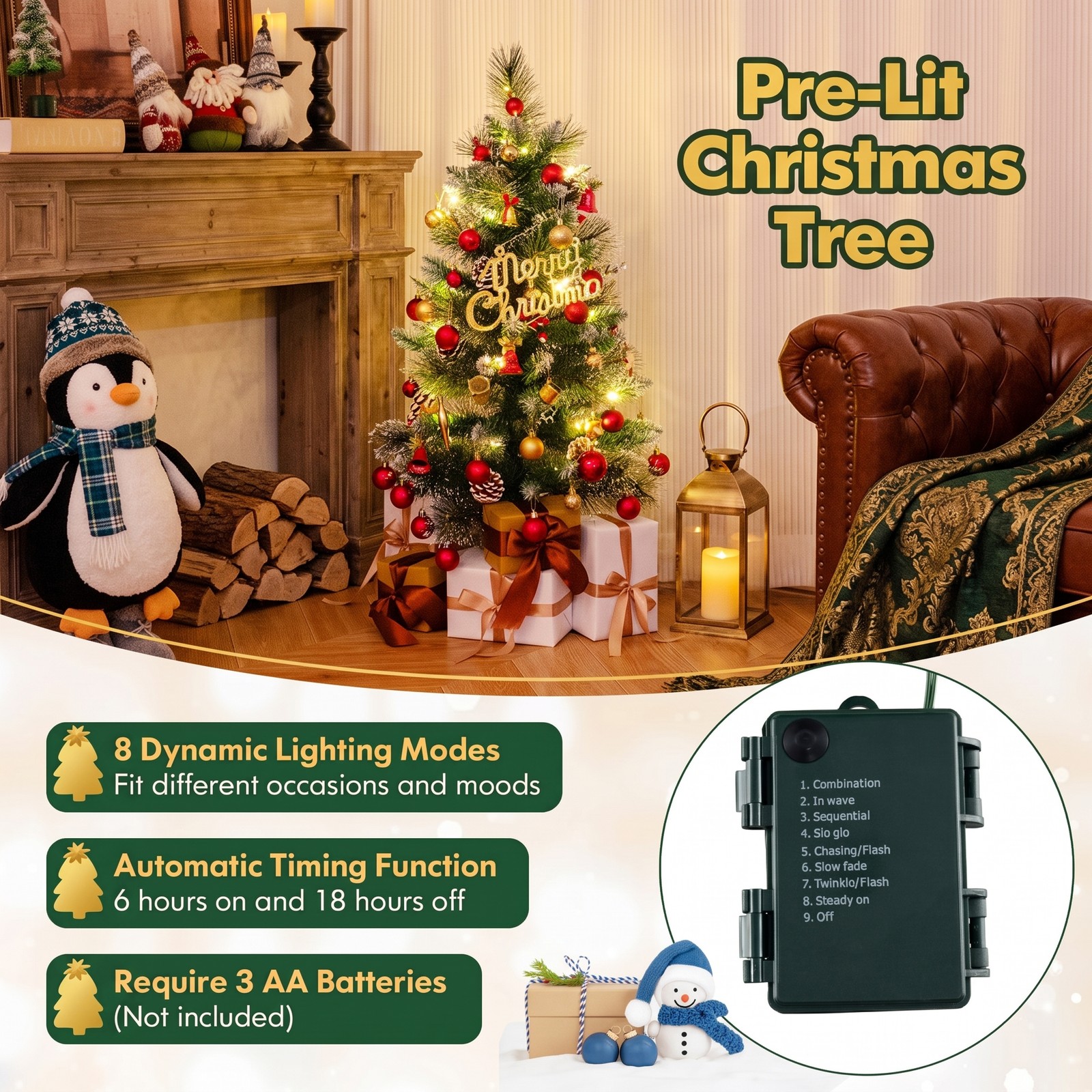 RUIE 3 FT Battery-Operated Tabletop Christmas Tree, Pre-Lit Artificial Mini Xmas Tree with 20 Warm White LED Lights, 81 Branch Tips, Red Berries & Pine, Green & White
