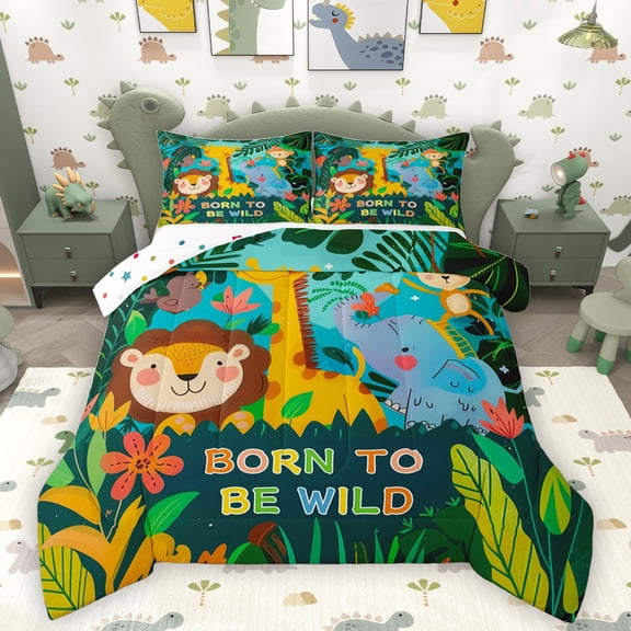 Homewish Kawaii Lion Elephant Giraffe Bedding Comforter Set 2pcs for Children Teens,Jungle Animal Twin Comforter Sets Microfiber,Botanical Plants Breathable Bedding Set,Luxury Bedroom Decor