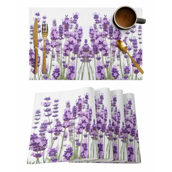 Lavender Placemats Set of 1 Purple Floral Leaves Plant White Background Heat Insulation Washable Place Mats, Rustic Non-Slip Table Mats for Dining Table Party Kitchen Decor,13x19 Inch
