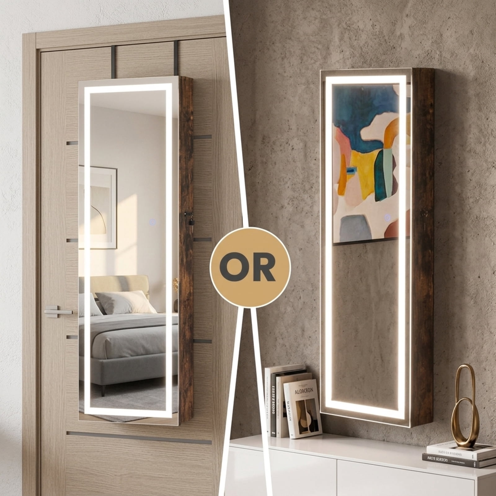 Furnibear Mirrored Jewelry Armoire with Full Length Mirror and 2 Internal LED Lights for Bedroom Dressing Room Jewelry Necklace Rings, Rustic Brown