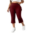thumbnail image 3 of Women's Plus Size Elastic High Waist Capris with Pockets, Soft Stretchy Yoga Pants for Women, Casual Sports Athletic Lounge Workout for Women | VerBelle,Wine L, 3 of 8