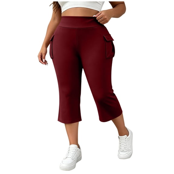 TEAJOPSUU Womens Plus Size Capri Pants with Flat Pockets Stretchy Slim High Waist Elastic Waistband Cropped Pants Casual Travel Going Out Pants Burgundy