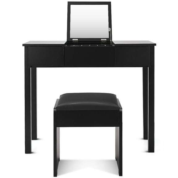 Patiojoy 2 Drawers Make-up Mirror Set Vanity Dressing Table Flip-type Desktop with Stool Black