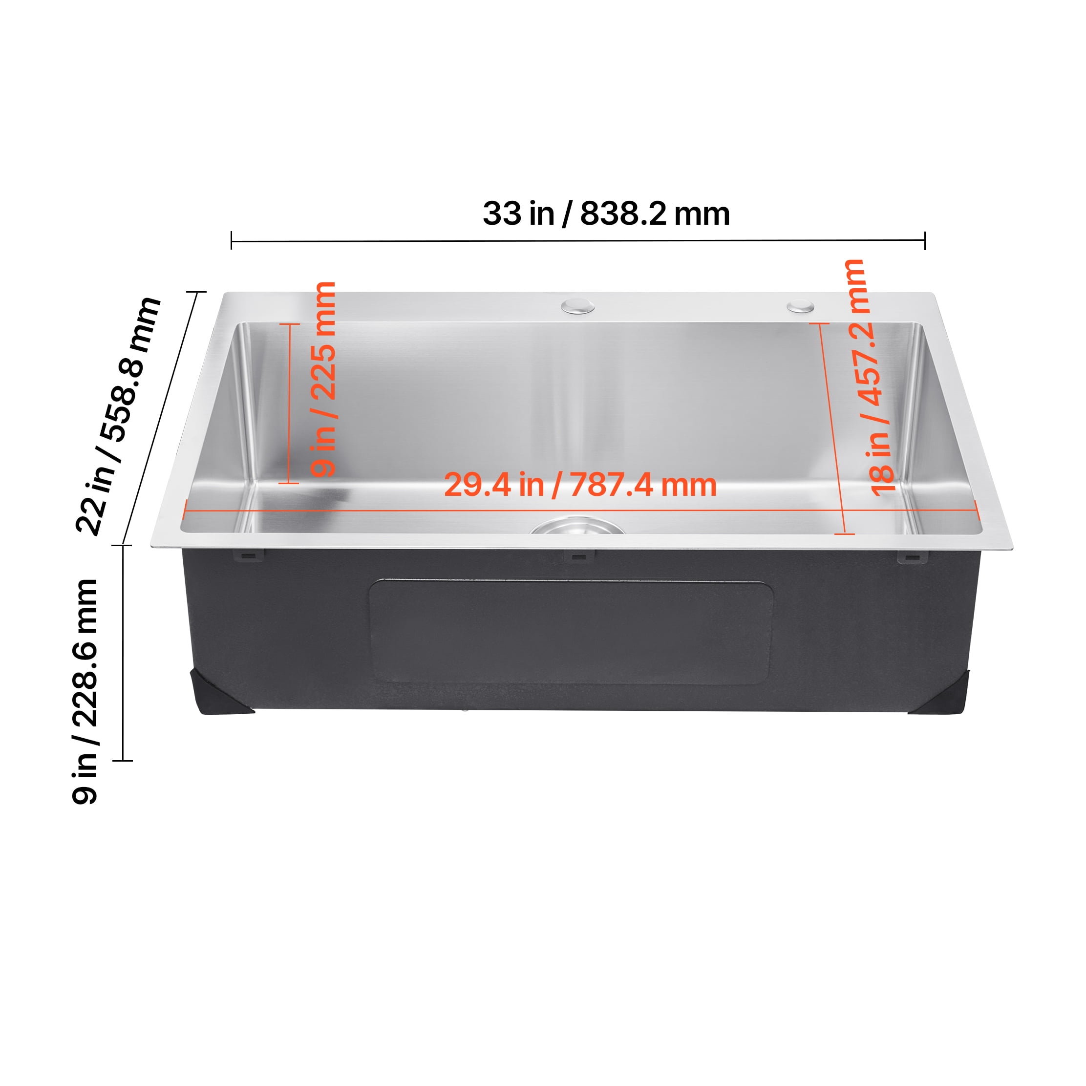 KFFKFF 33" Drop-in Sink, Stainless Steel Kitchen Sink, Top-Mounted Single Bowl Basin, Comes with Drain Kit, Suitable for RV, Prep Kitchen