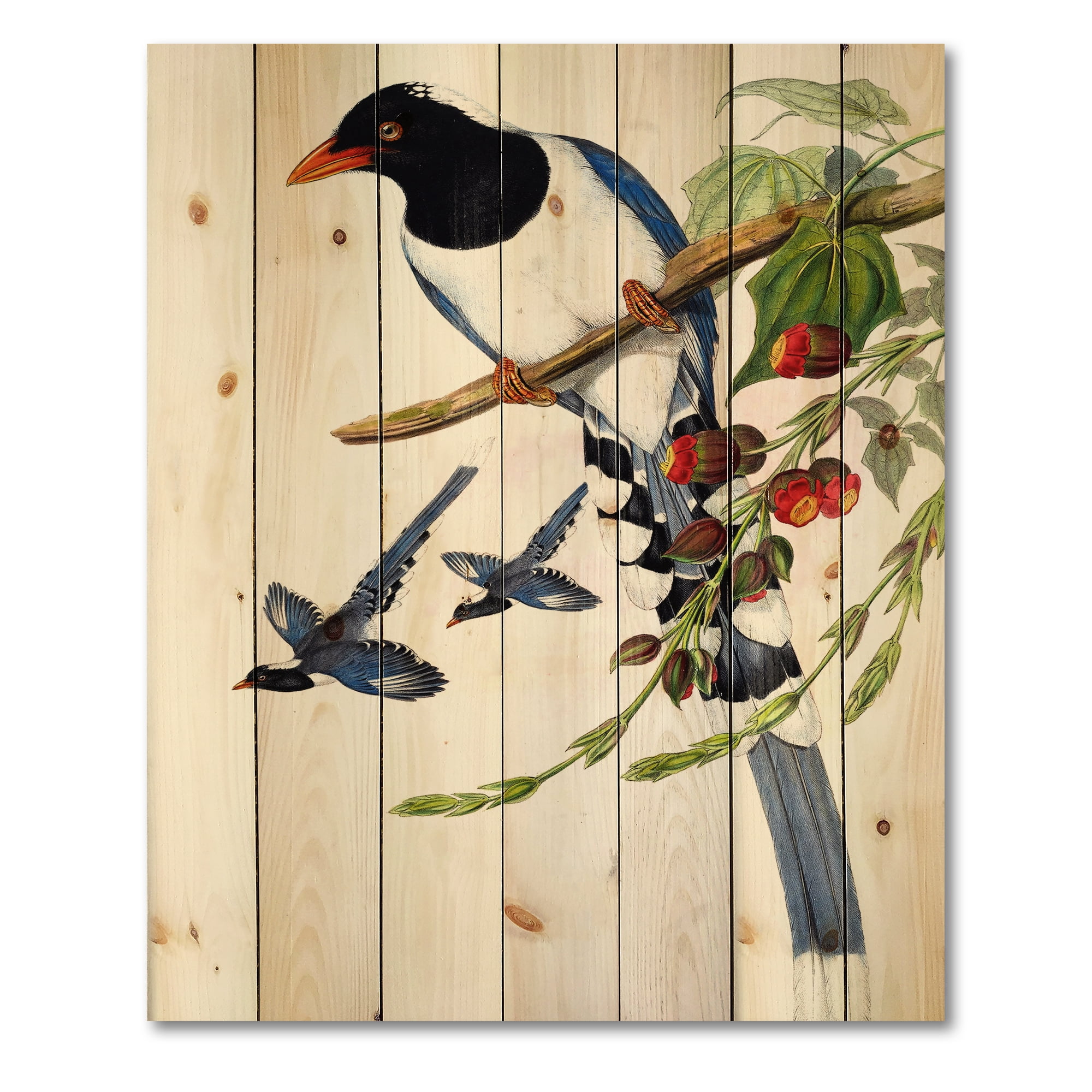 Designart 'Vintage Countryside Birds On Branch IV' Farmhouse Print on Natural Pine Wood