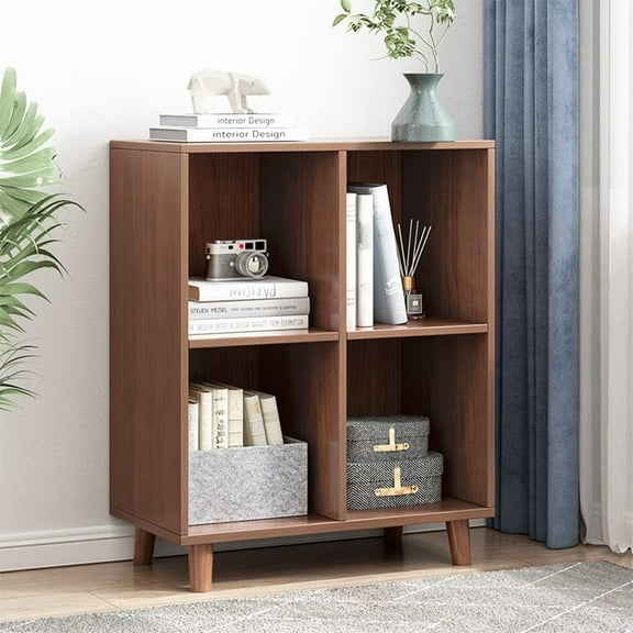 Freestanding Open Cubes Bookcase - 2-Tier Floor Standing Wooden Storage Display Cabinet Organizer with Legs for Home Office, 4-Cubes Open Shelf Low Short Bookshelf, Walnut