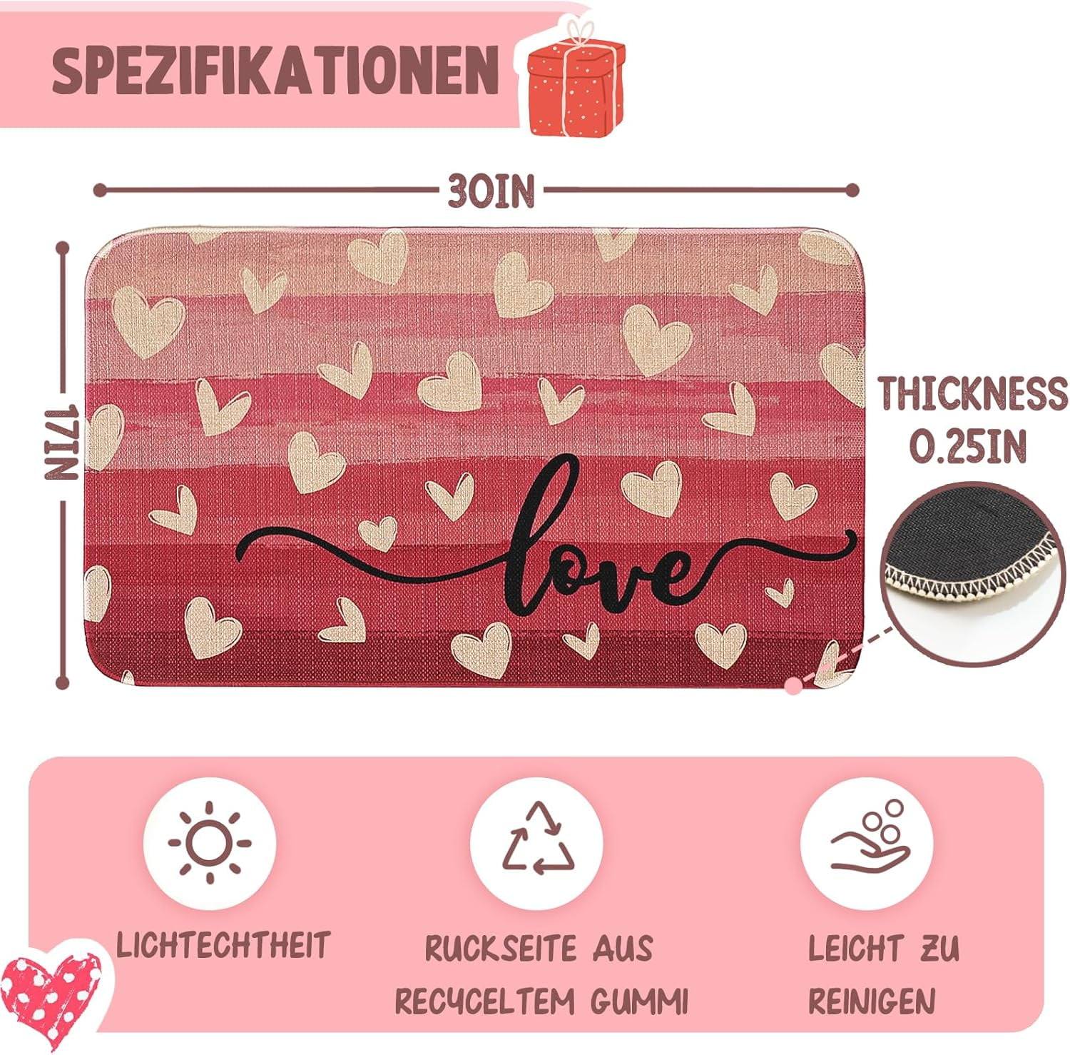 Valentines Day Door Mat Love Heart Doormat Valentines Decor Kitchen Mats Home Party Wedding Outdoor Entrance Non-Slip Rubber Door Mats 30" X 17"