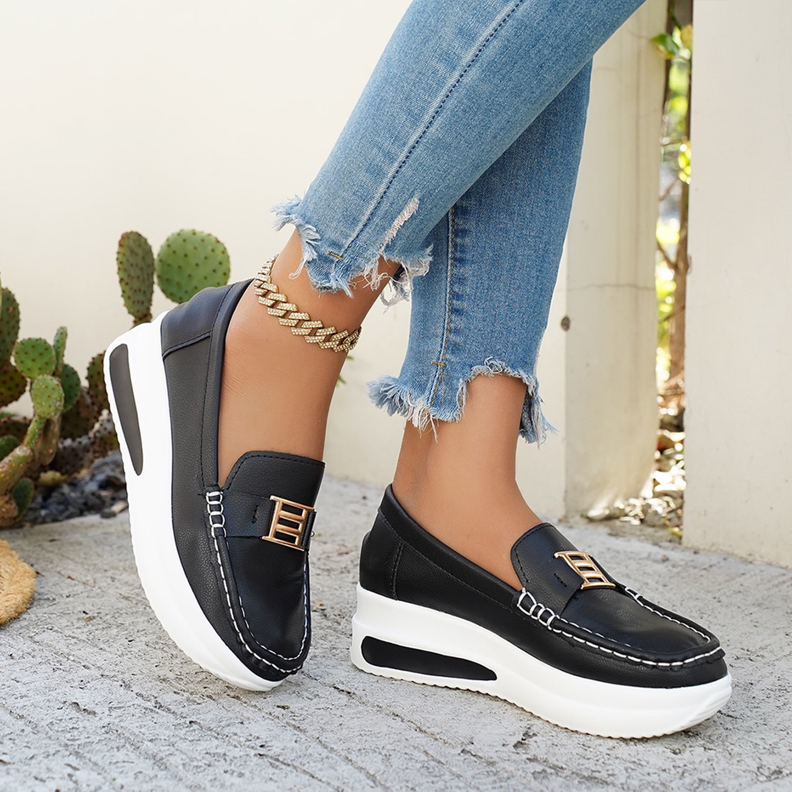 Rokment Women's Platform Wedge Walking Shoes Low Top Fashion Sneakers 2026 Spring Fall Leather Chunky High Heel Slip-on Nursing Work Loafers Black Size 8.5