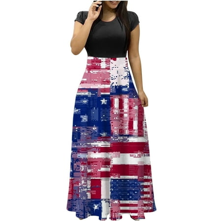 

4th of July Dress for Women Retro American Flag Print Tunic Pleated Short Sleeve Dresses Beach Flowy Swing Maxi Sundress