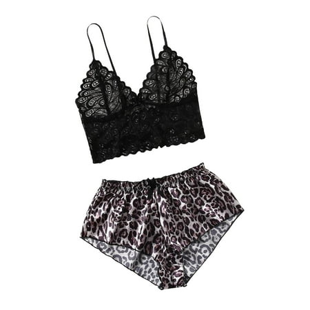 

RYRJJ Women s Floral Lace Spaghetti Strap Cami Top with Print Satin Silk Shorts 2 Piece Set Sexy Lingerie Pajama Set(Gray M)
