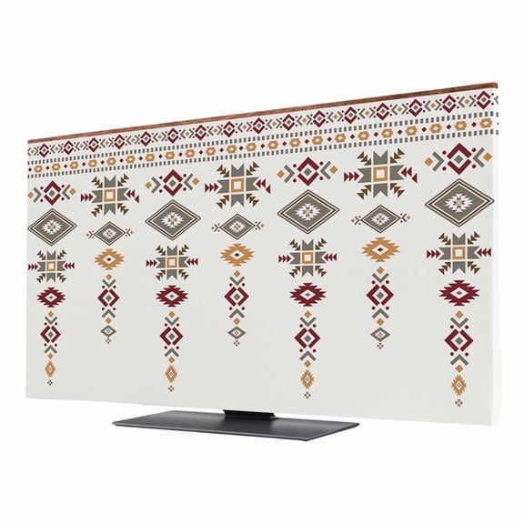 Indoor TV Cover 75 Inch, Southwest Geometric Elastic Monitor Dust Covers for Television, Desktop Computer Western Boho Ethnic Beige Grey Wooden Dustproof Fitted TV Cover for Inside 65.4"L x 36.8"H
