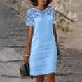 thumbnail image 2 of Vestido informal de encaje para mujer: cuello redondo, manga corta lisa, vestido de fiesta elástico y suave, 2 of 5