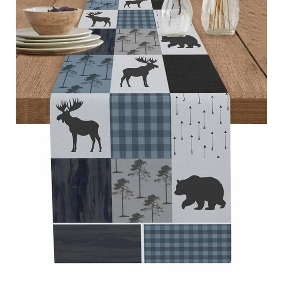 Table Runner Dresser Scarf 13 x 72 Inch Vintage Animal Classic Woods Bear Moose Plaid Table Runners Non-Slip Heat Kitchen Dining Table Decor for Indoor Outdoor Home Party Decoration