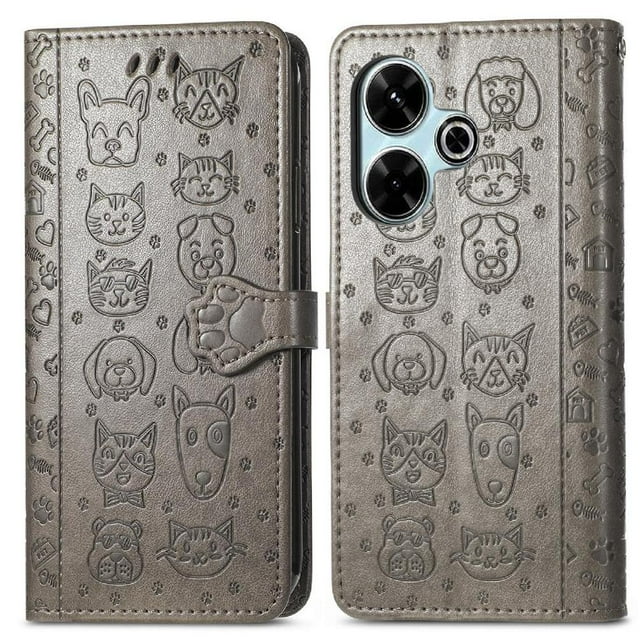 Funda Cartera FOXDOCK para Xiaomi Redmi 13 4G , Flip PU con Relieve de Gatos y Perros, Tarjetero y Soporte