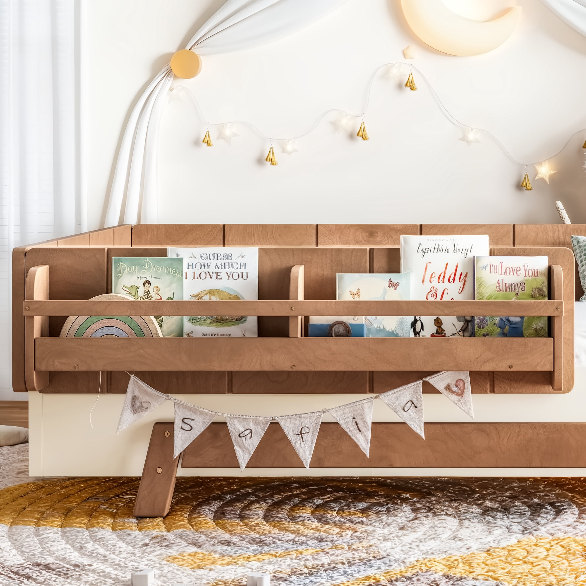 Mintazer Twin Size Montessori Floor Bed Frame, Kids Puzzle Block Design Platform Bed with Guardrails & Bookshelf for Bedroom, Brown & Beige