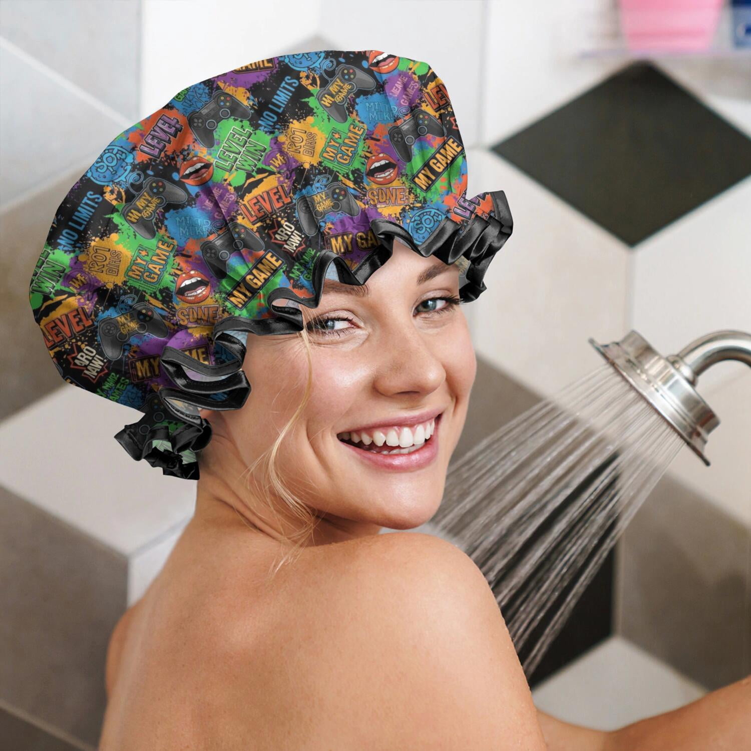 Shower Caps,Colorful Games Graffiti Black Pattern Waterproof Shower Cap for Women 4 Pieces,Double Reusable Hair Cover for Shower PEVA Elastic Stretch Hem