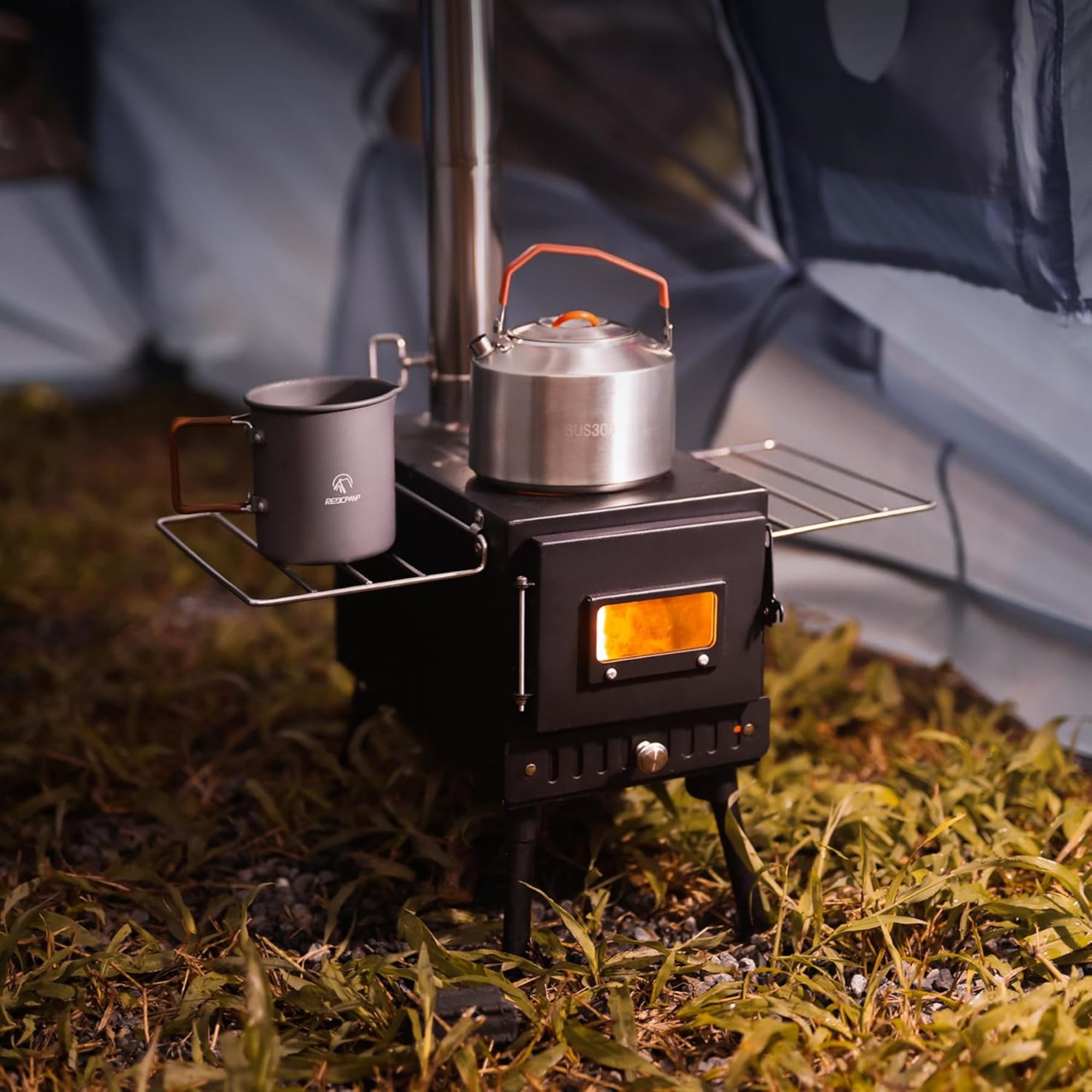 RedSwing Camping Tent Stove, Alloy Steel Wood Burner Portable Wall Tent Stove, Compact Mobile Wood-Fired Stove Set with Chimney Tubes &Tent Ropes for Travel, Cooking, Ice Fishing
