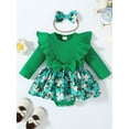 thumbnail image 2 of Infant Girls Irish Festivals Outfits Shamrock Print Round Neck Long Sleeve Patchwork Romper with Bow Headband, 2 of 9