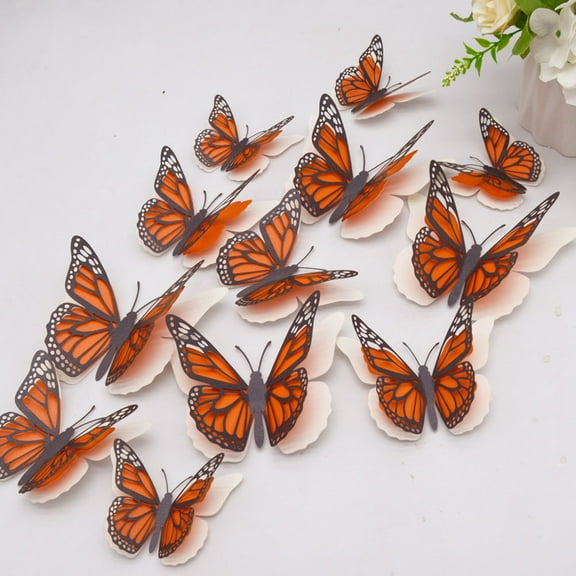 Masteelf Orange 3D Paper Butterflies Wall Stickers Removable Decorative DIY Decals for Home Bedroom 12pcs
