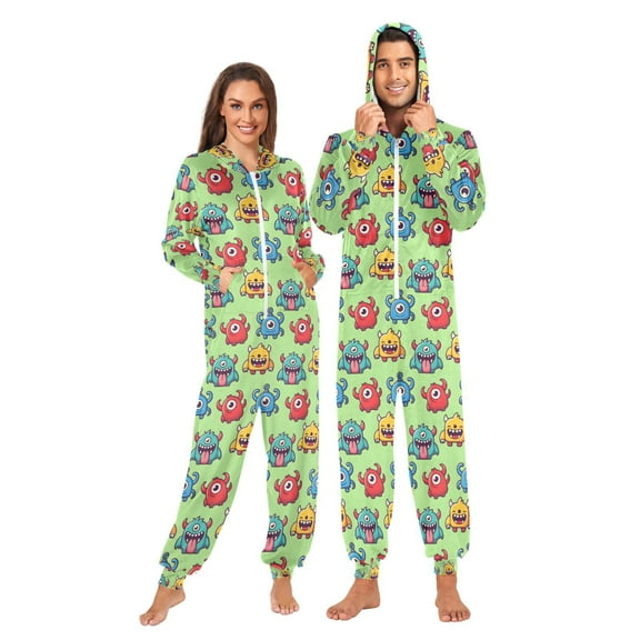 FORMRS Onesies Pajama for Adults Unisex Hoodie Winter Jumpsuit One Piece Sleepwear, Sizes S-2XL, Cute Monsters Pattern