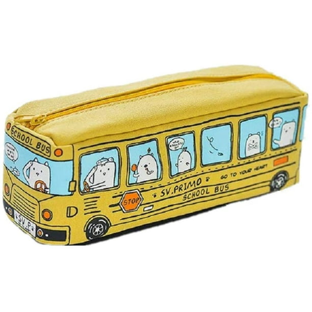 Large Capacity Pen Bag Funny School Bus Cartoon Pencil Case School Supplies  or Toys (Yellow) 