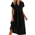 thumbnail image 5 of Kojanyu Women's Summer Fashion Solid Color V-Neck Short Sleeve Pocket Knee-Length Dress – Lightweight Casual Cotton-Like Polyester Midi Dress for Daily Wear, 5 of 6