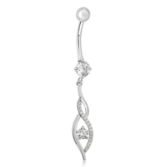 AVORA 10K White Gold Simulated Diamond CZ Dangling Flame Belly Button Ring Body Jewelry (14 Gauge)