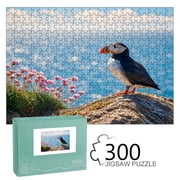 RKSupls Wooden Jigsaw Puzzle 300 500 1000 Pieces , Puffin With Pink Flowers Premium Wood Board Game Funny Design Home Decor Durable Fun Gift
