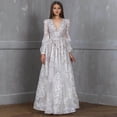 thumbnail image 4 of Quixlent Women Evening Dress Deep V Neck Lace Floral Embroideried Maxi Dress A-line Big Swing Long Lantern Sleeves High Waist Pleated Ball Gown Prom Party Dress, 4 of 7