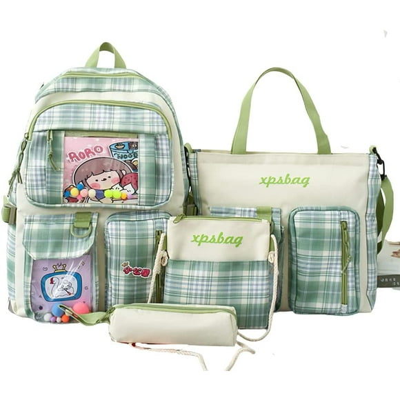 Kawaii Aesthetic Cute 4pcs School Bags Set with Accessories School Suppliers for Teens Girls Backpack Tote Bag (Green)…
