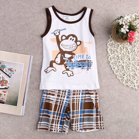 Toddler Boys Summer Short Outfits Cute Monkey Print Tank Top + Plaid Shorts Clothes Set