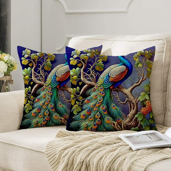 Peacock Decorative Throw Pillow Covers, 18x18" Set of 2, Elegant Living Room Cushion for Home Decor