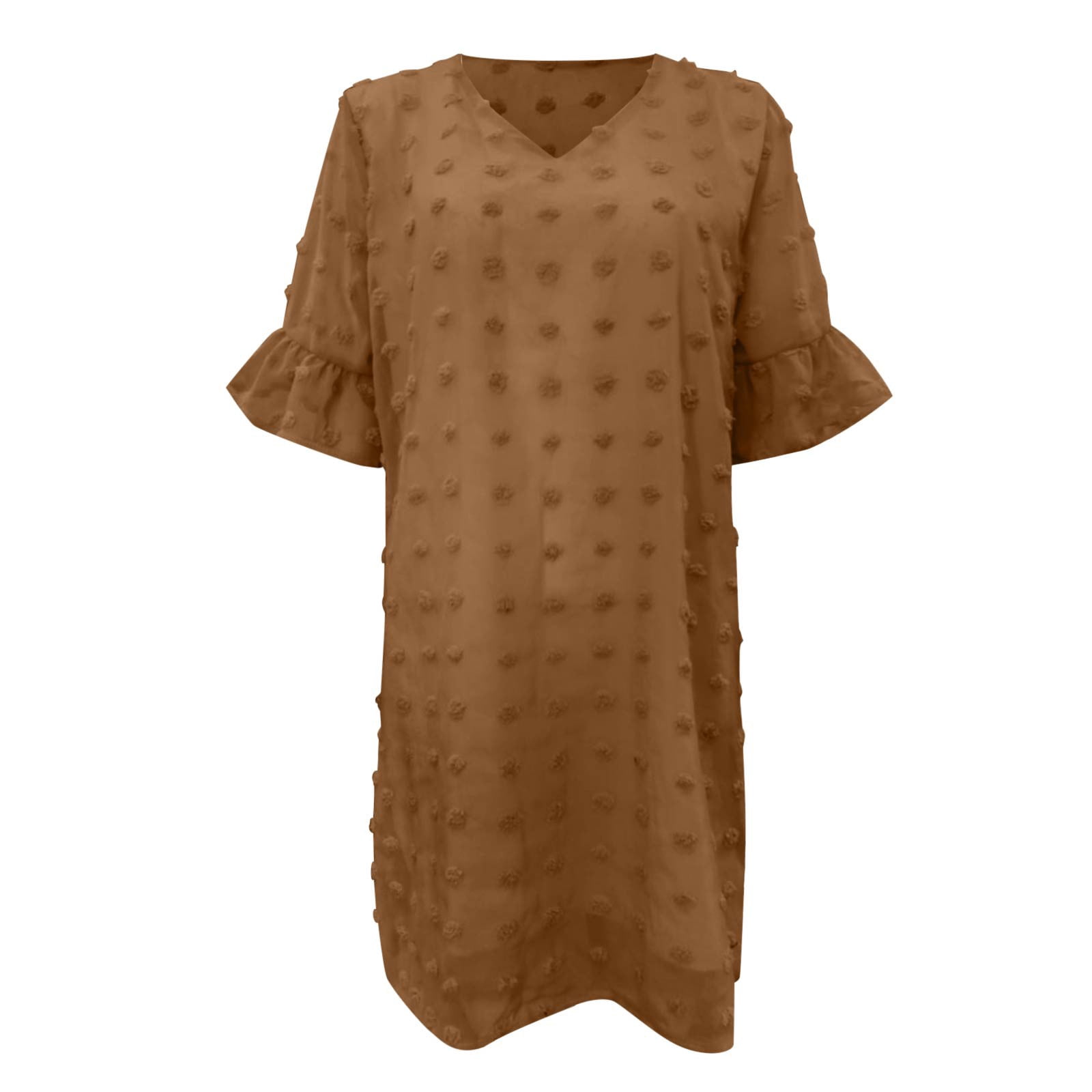 Luwomo Summer Dresses for Women Chiffon Summer Short Sleeve V Neck Mini Chiffon Polka Flowy Holiday Daily Wear Dress Coffee XL