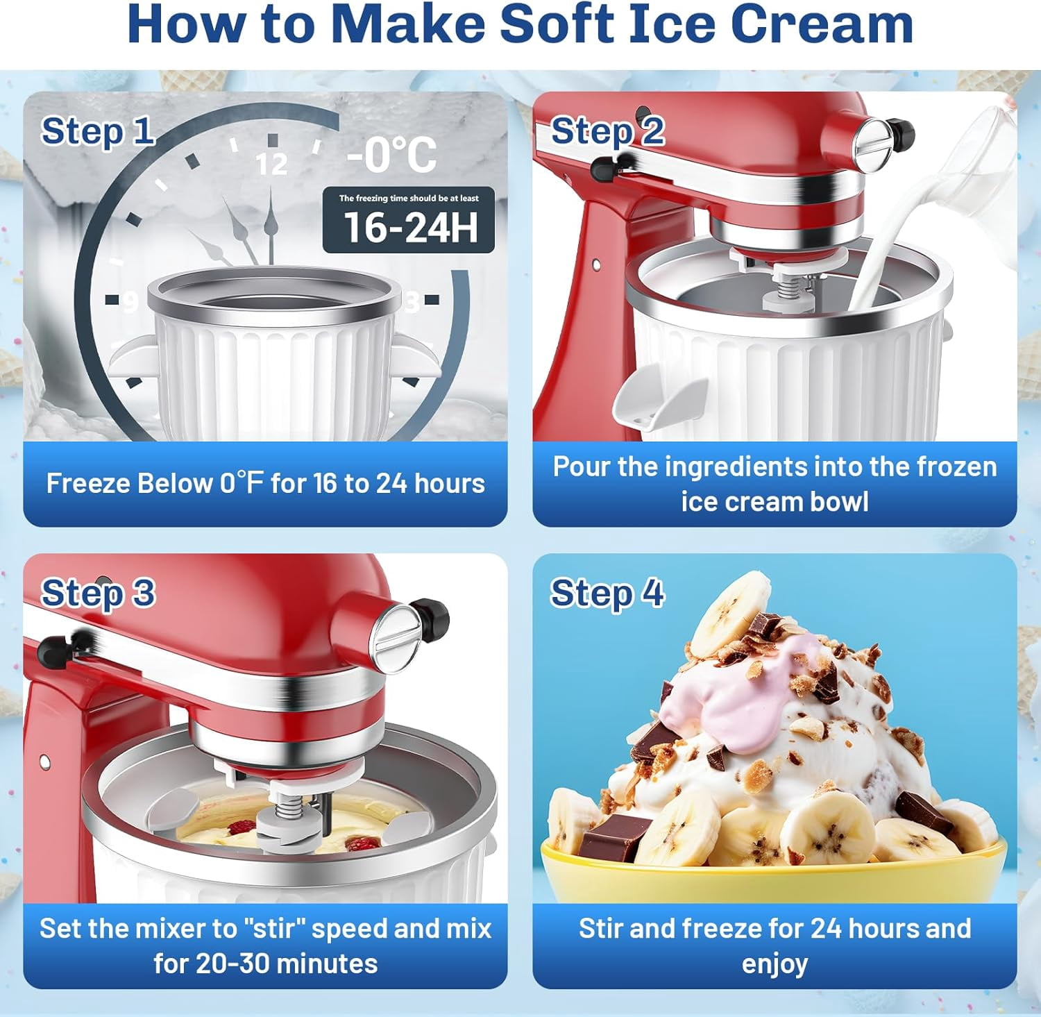 Ice Cream Maker Attachment for Kitchenaid Stand Mixers, Ice Cream Maker Machine Compatible with 4.5QT and Larger KitchenAid Mixers, 2-Quart Capacity, Sorbet and Gelato Maker Accessory