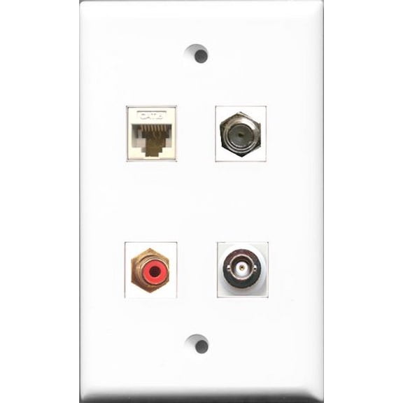 RiteAV 1 Port RCA Red and 1 Port Coax Cable TV- F-Type and 1 Port BNC and 1 Port Cat6 Ethernet White Wall Plate