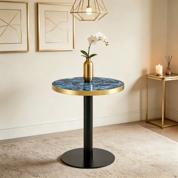 23.6" Round Light Luxury Coffee Table, UV Paint MDF Marble Texture Countertop with Stainless Steel Edging, Sturdy Metal Leg Side Table for Living Room Bedroom Entryway Office