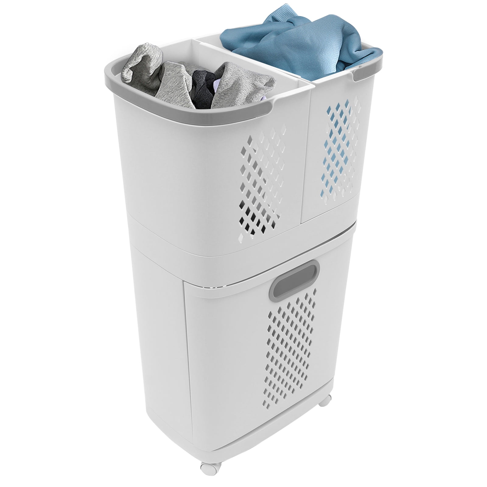 2 Tier PP Vertical Rolling Laundry Cart with 4 Wheels 3 Removable Hollowed Out Laundry Hampers for Laundry, Towels, Blankets and Bathroom Organization