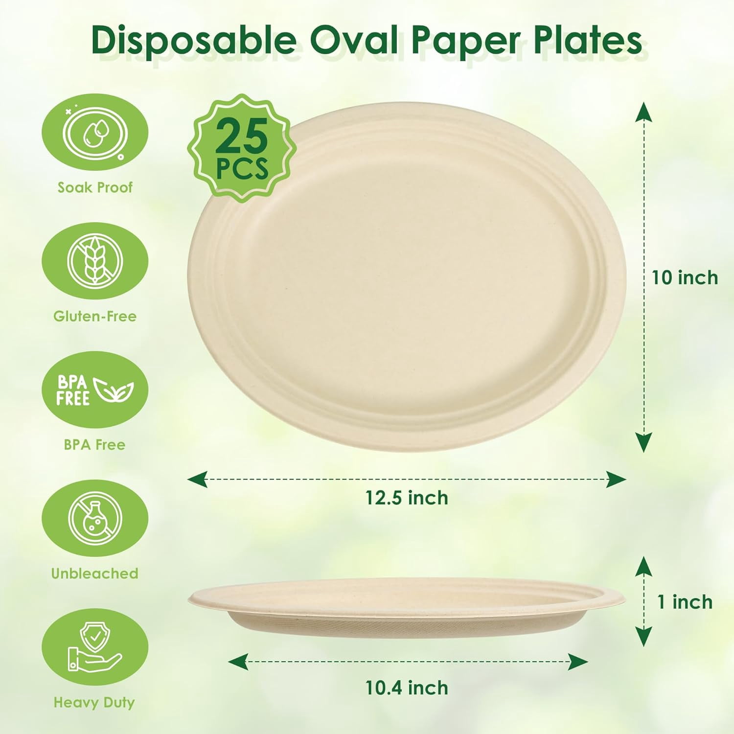 Compostable Oval Paper Plates, 12.5Inch 25Pack Disposable Heavy Duty Bagasse Platters Eco-Friendly Biodegradable Sugarcane Plates for BBQ, Party, Picnic - Natural Brown