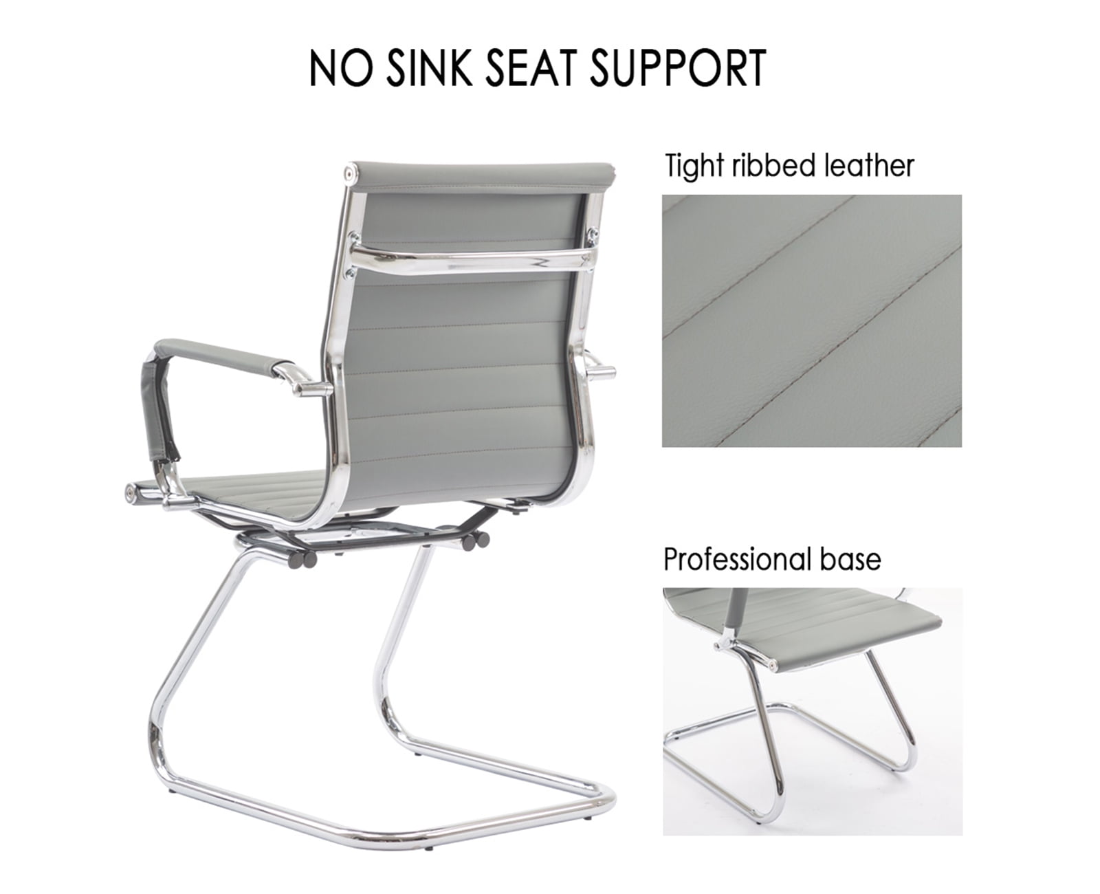 Guyou Modern Mid Back Office Guest Chair Set of 2, Faux Leather Reception Chair Computer Chair with Armrests and Metal Sled Base for Meeting/Waiting/Conference Room, No Wheels, Grey