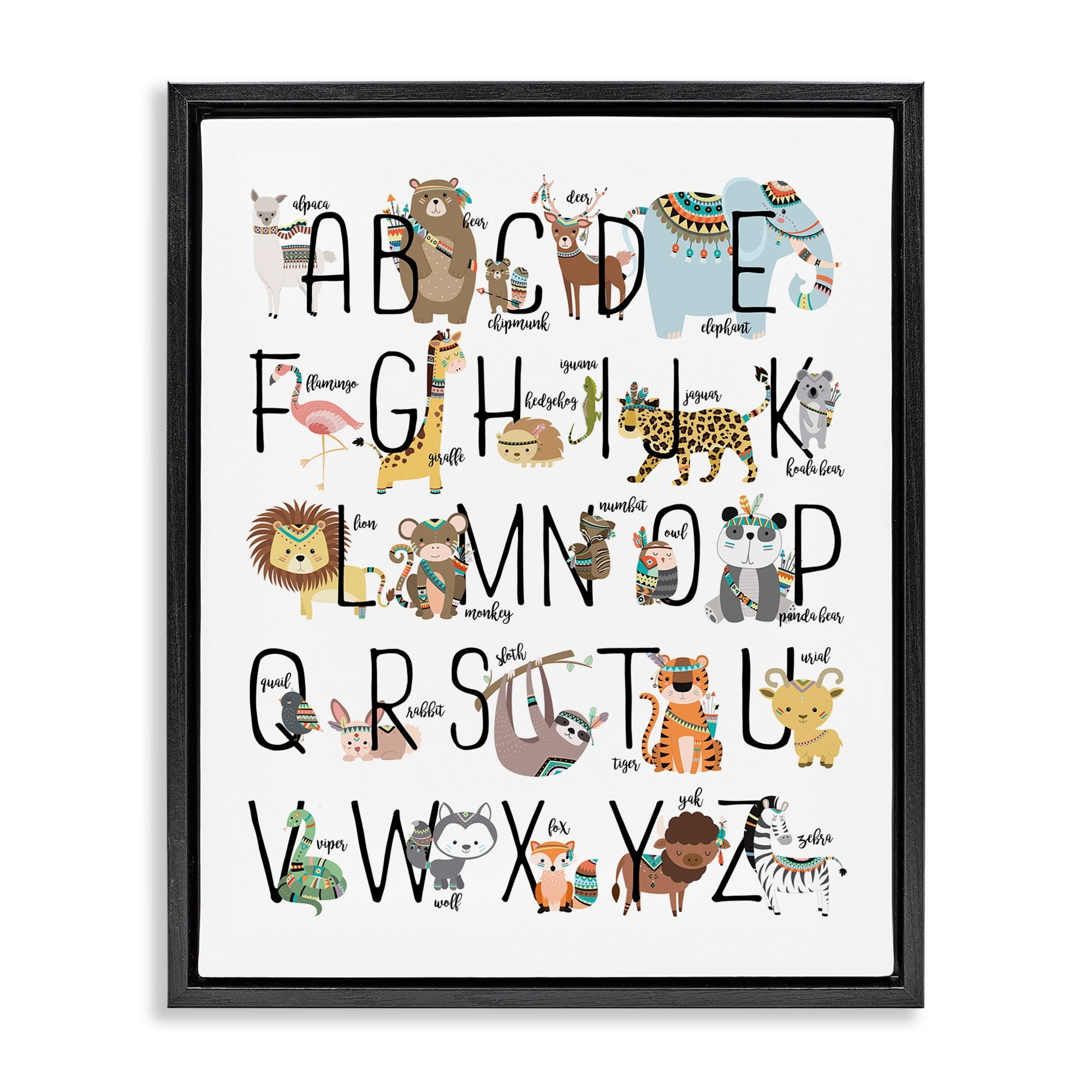 Stupell Industries Boho Animal ABCs Jet Black Framed Floating Canvas Wall Art, 16x20, by Erica Billups