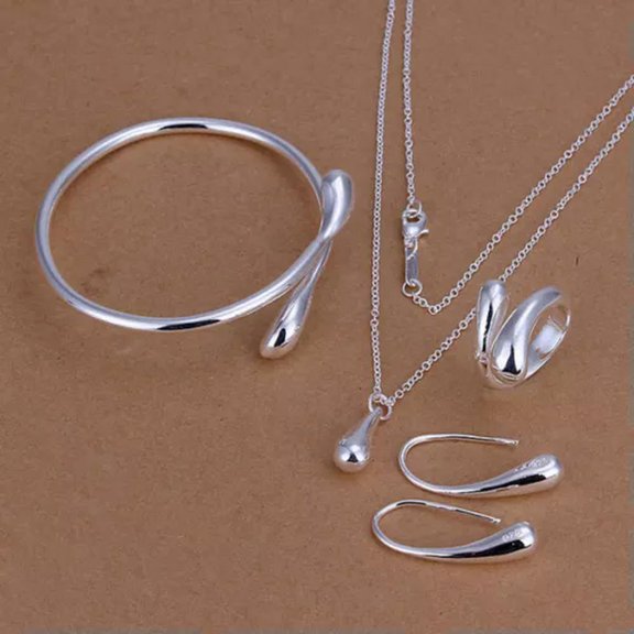 EOEMY Women'S Silver Plated Teardrop Jewelry Set Dangle Earring Ring Necklace Bangle-Bangle