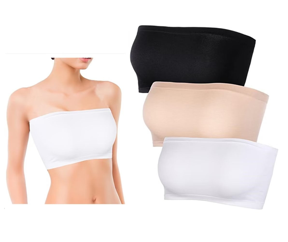 MANJIAMEI Women Bra Bandeau Seamless Tube Top Non-Padded Strapless Bras Bralette 3 PACK