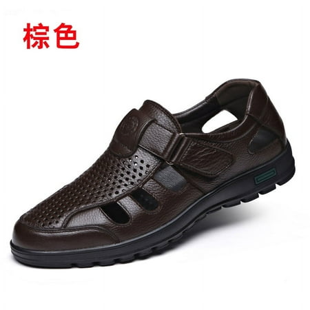 Summer Cool Sandals for Men Water Beach Shoes Hook&Loop Strap Genuine Leather Hollow Out Breathable Closed Toe Strong Non-Slip Rubber Sole Anti-Slip