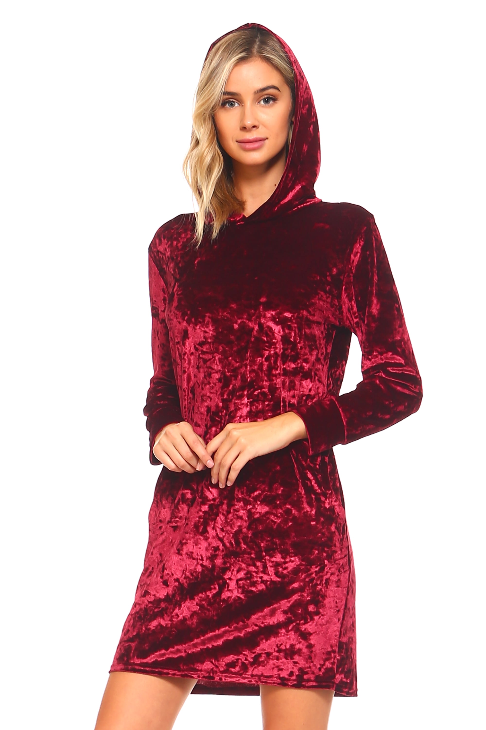 Warm Holiday Icy Velvet Long Sleeve Pocket Hooded Sweater Dress, Wine