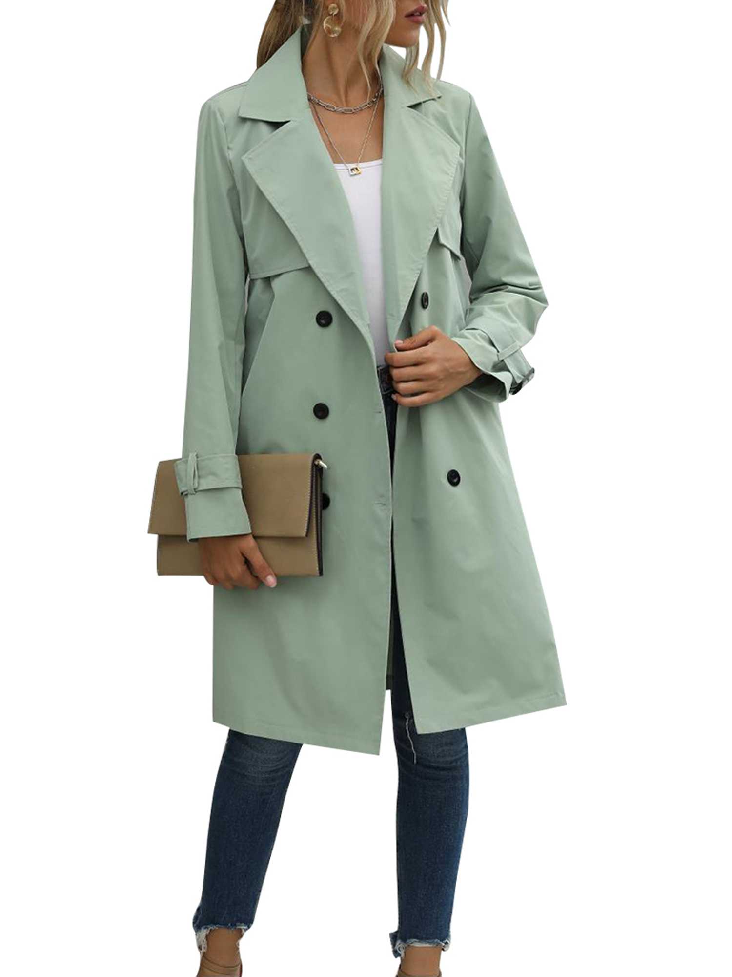 Spring hue Women Jacket Long Sleeve Lapel Double Breasted Belted Trench Coat - image 5 of 6