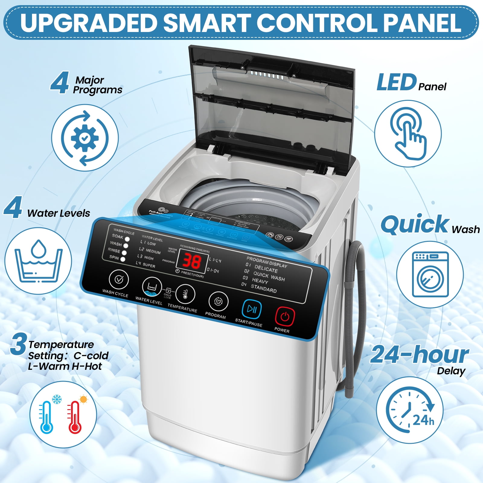 Veeboto Portable Washing Machine, 20lbs Full Automatic Washer Machine with Drain Pump, 4 Wash Programs 4 Water Levels 3 Water Temperatures for Home