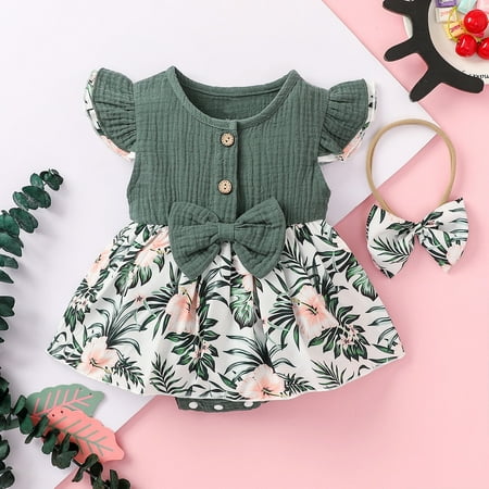 

Yubatuo Newborn Infant Baby Girls Summer Cotton Linen Bow Floral Romper Dress Bodysuit Green 80