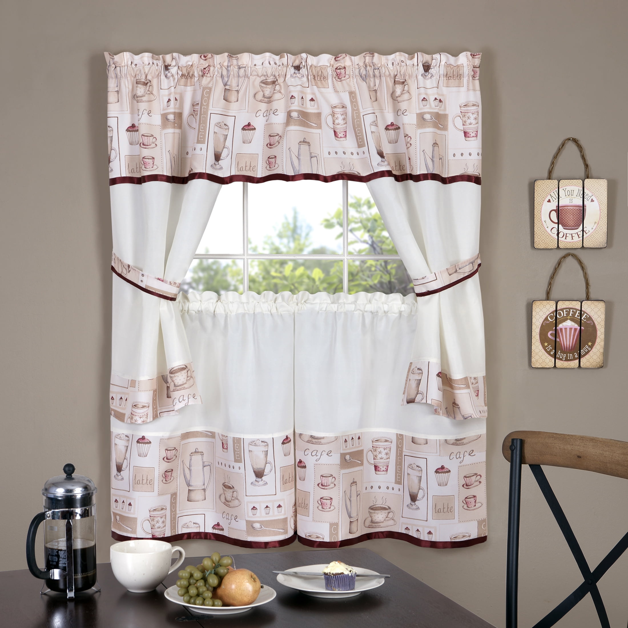 Embellished Window Floral Kitchen Curtain Set Small Panels and Valance/Swag 
